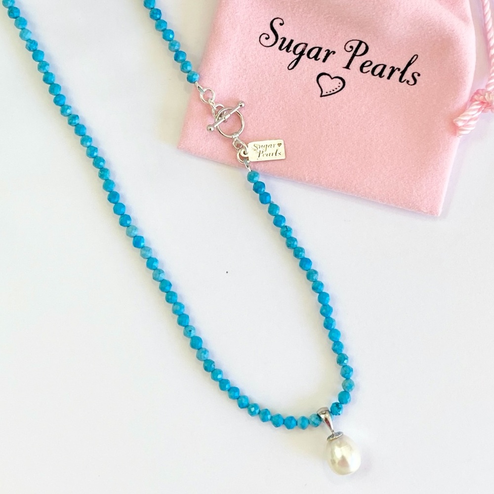 Turquoise Blue, 14k White Gold Pearl Pendant Necklace